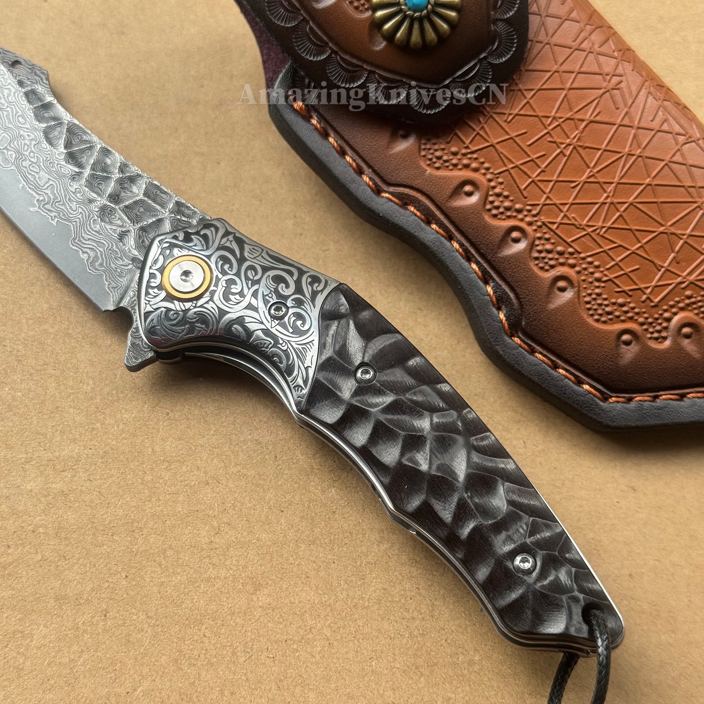 Japanese VG10 Damascus Survival Pocket Knife Flipper Ball Bearing Razor Sharp w/ Clip - AK-HT0991