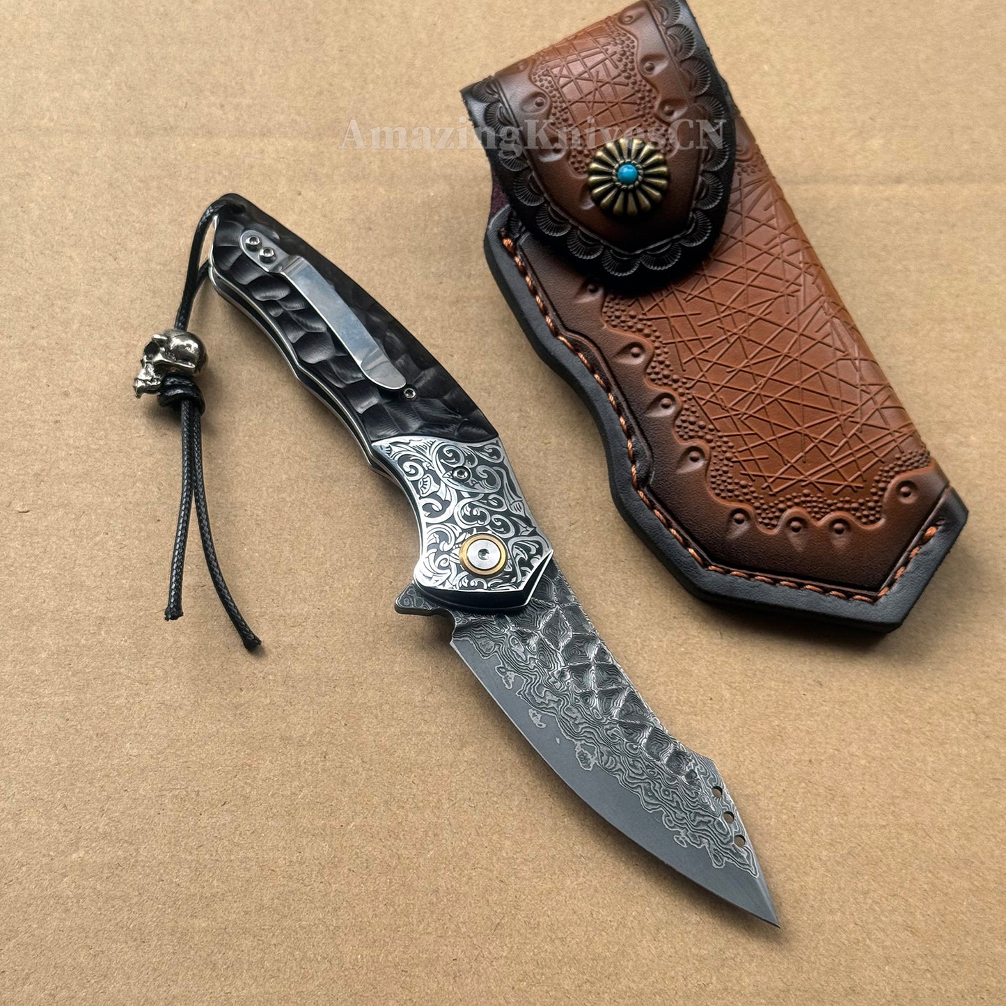 Japanese VG10 Damascus Survival Pocket Knife Flipper Ball Bearing Razor Sharp w/ Clip - AK-HT0991