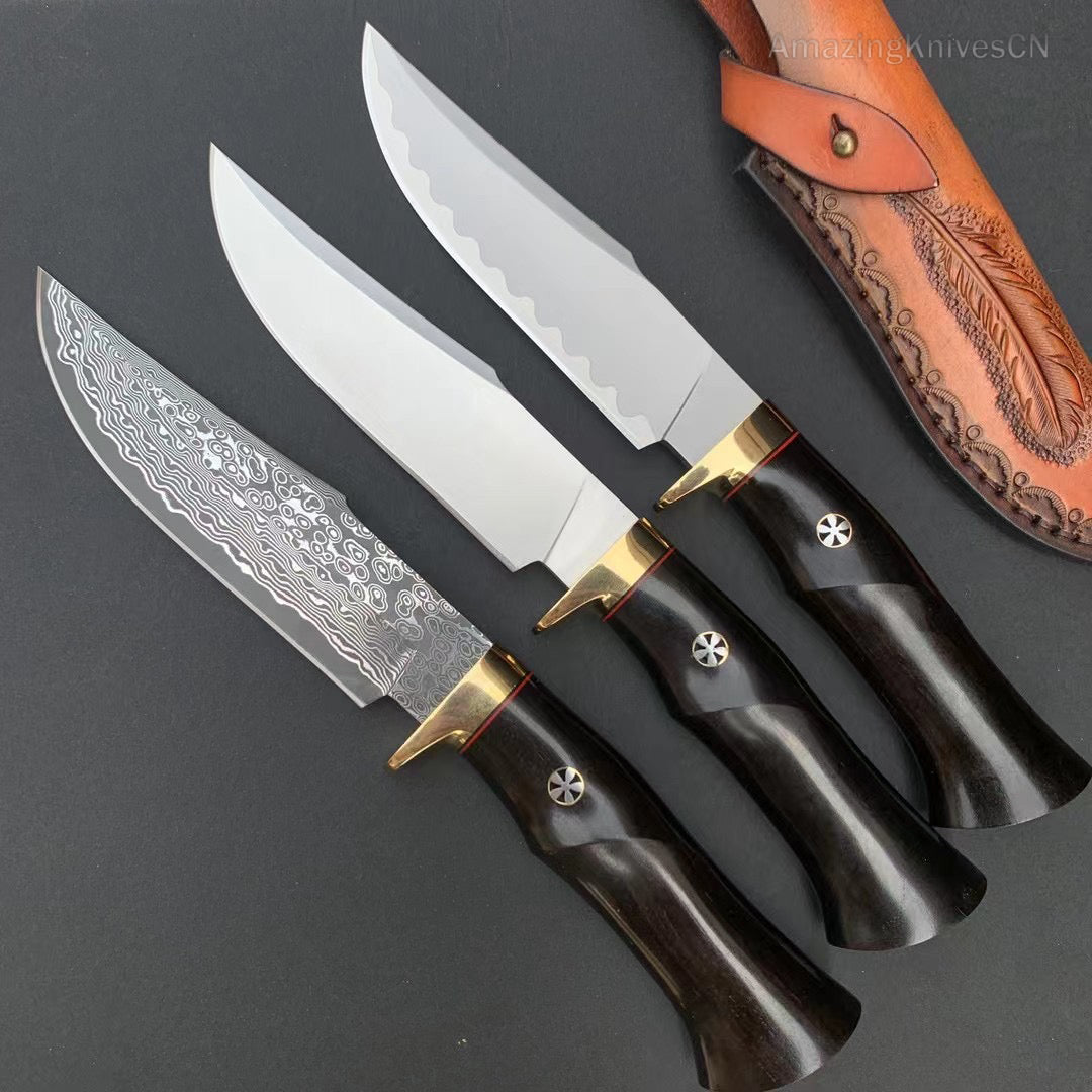 Damascus Hunting Knife Outdoor Survival Knife Purpleheart Wood w/ Leather Sheath - AK-HT0904