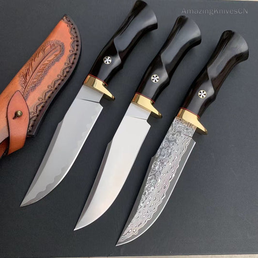Damascus Hunting Knife Outdoor Survival Knife Purpleheart Wood w/ Leather Sheath - AK-HT0904
