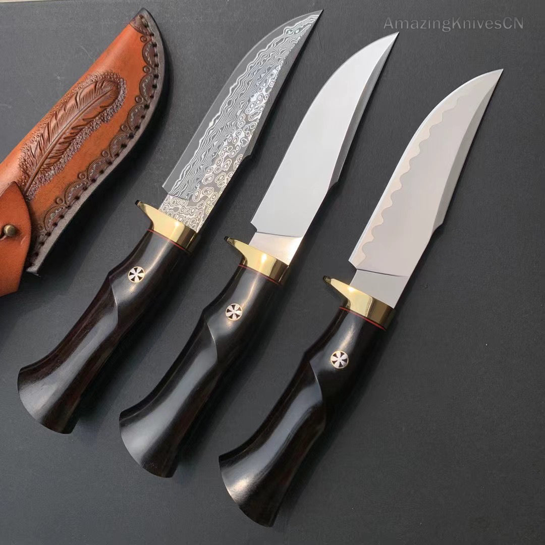 Damascus Hunting Knife Outdoor Survival Knife Purpleheart Wood w/ Leather Sheath - AK-HT0904