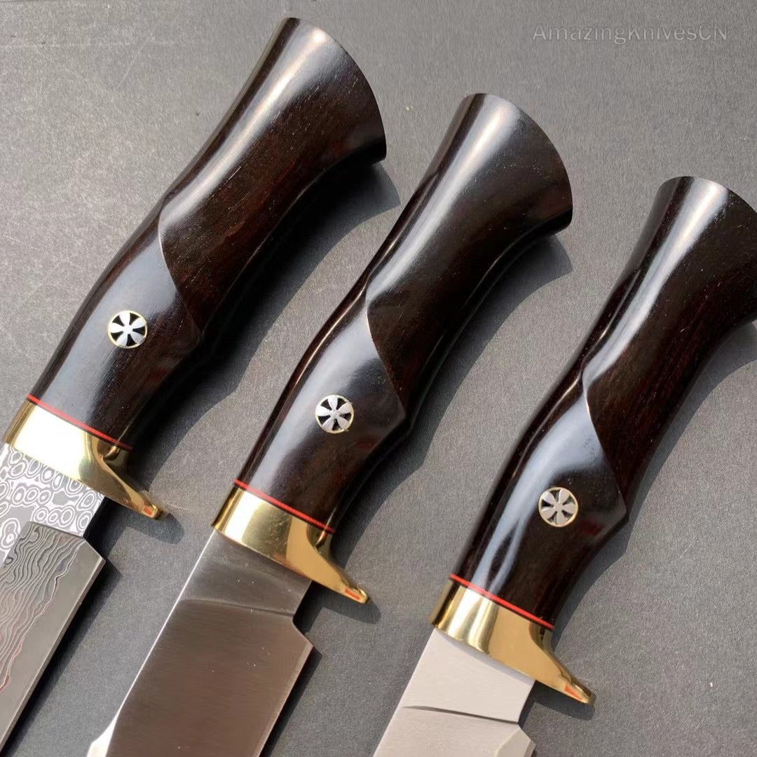 Damascus Hunting Knife Outdoor Survival Knife Purpleheart Wood w/ Leather Sheath - AK-HT0904