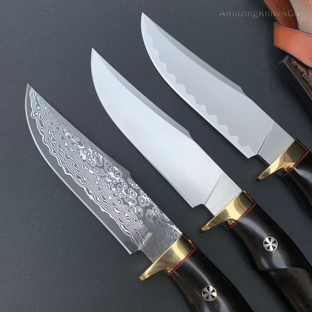 Damascus Hunting Knife Outdoor Survival Knife Purpleheart Wood w/ Leather Sheath - AK-HT0904