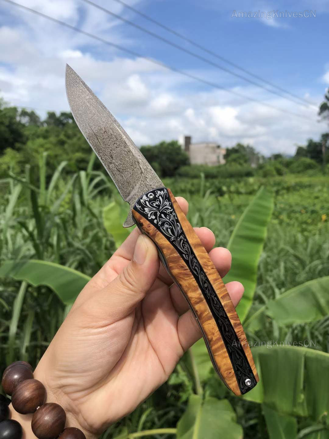 Wootz Steel Folding Pocket Knife Survival Tactical Titanium Ball Bearing Flipper - AK-HT0846