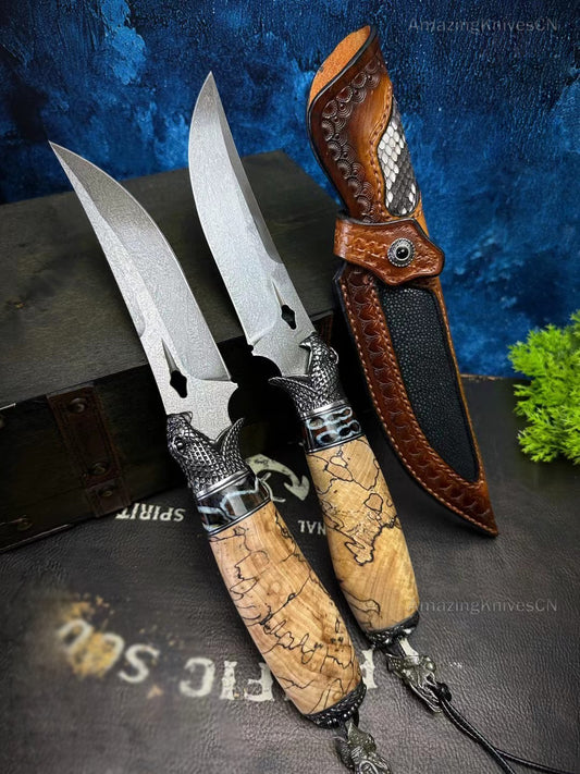 Collectible Wootz Steel Hunting Knife Fixed Blade Carved Snake -AK-HT0847
