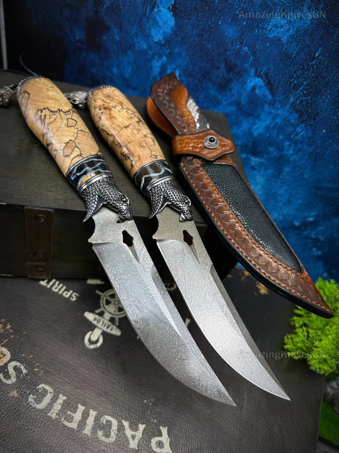 Collectible Wootz Steel Hunting Knife Fixed Blade Carved Snake -AK-HT0847