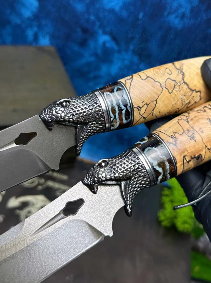 Collectible Wootz Steel Hunting Knife Fixed Blade Carved Snake -AK-HT0847