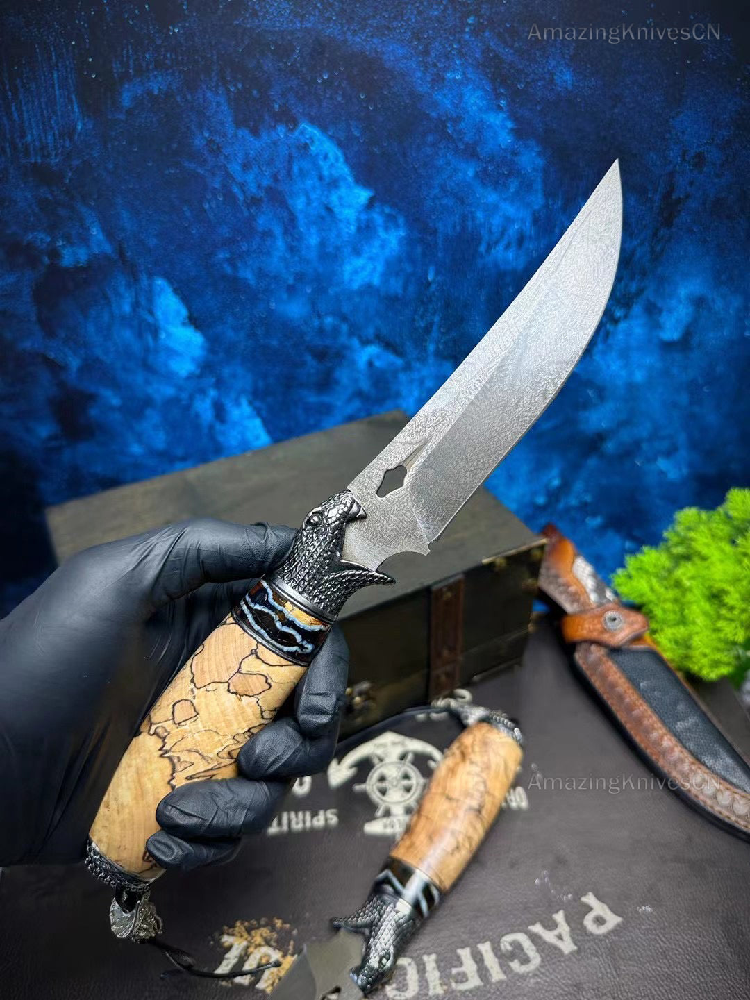 Collectible Wootz Steel Hunting Knife Fixed Blade Carved Snake -AK-HT0847