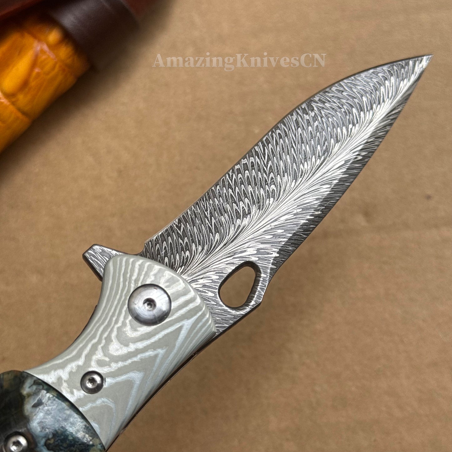 Collectible Feather Knife Folding Pocket Knife Survival Tactical Ball Bearing Flipper with Leather Sheath - AK-HT1010