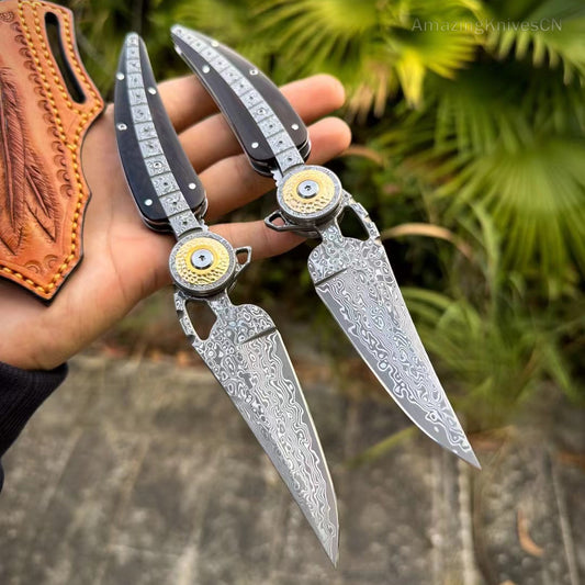 Handmade Collectible Damascus Pocket Knife Camping Survival Knife Ball Bearing - AK-HT0857-D