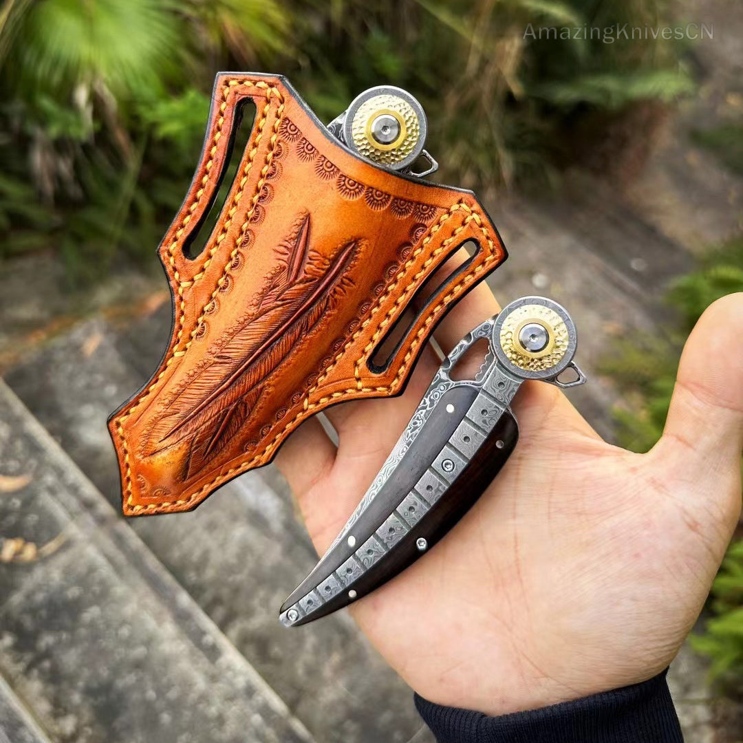 Handmade Collectible Damascus Pocket Knife Camping Survival Knife Ball Bearing - AK-HT0857-D