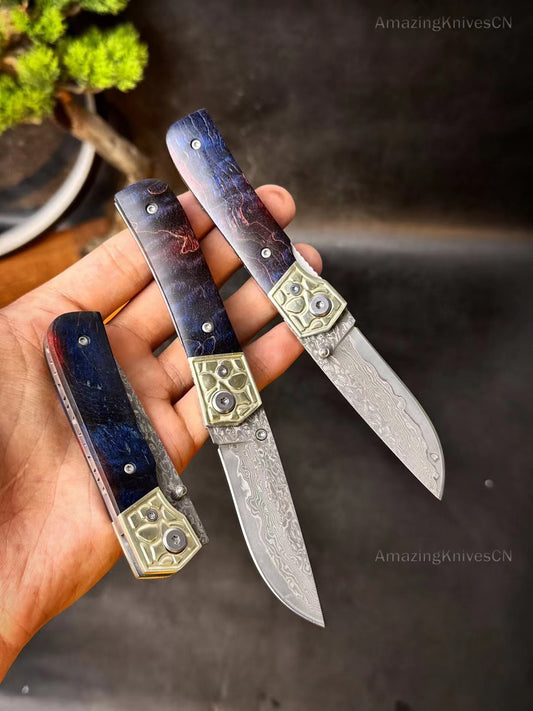 Damascus folding Pocket Knife Camping Ball Bearing Wood Handle - AK-HT0914