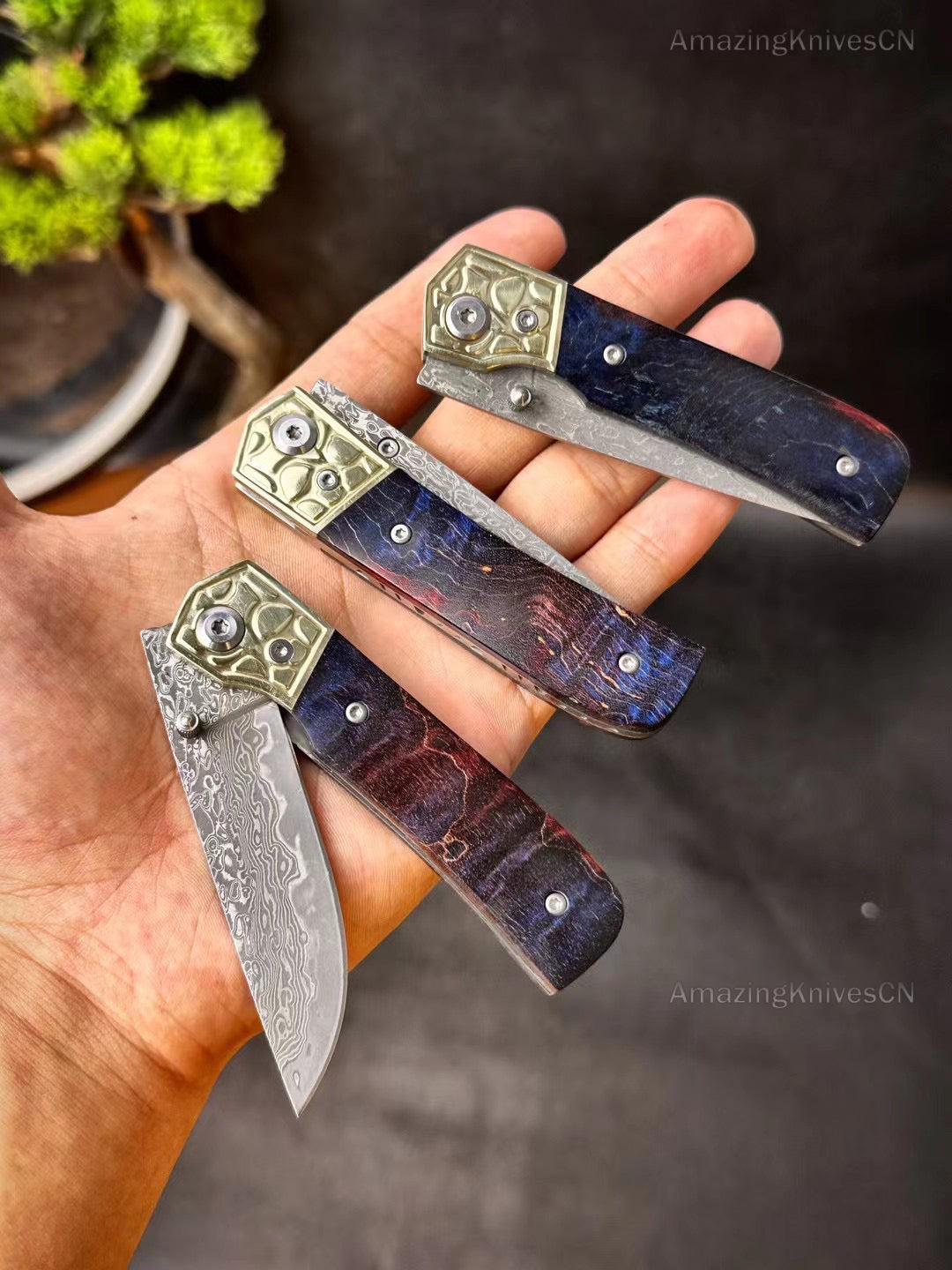 Damascus folding Pocket Knife Camping Ball Bearing Wood Handle - AK-HT0914