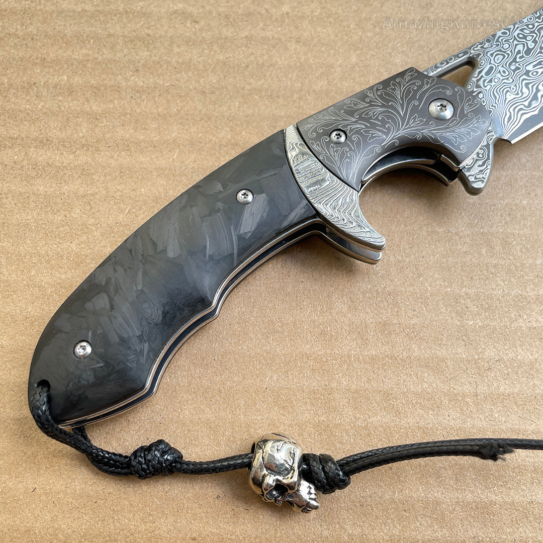 Handmade Damascus Steel Folding Knife Pocket Knives Sheath Carbon Fiber Handle - AK-HT0578-CB