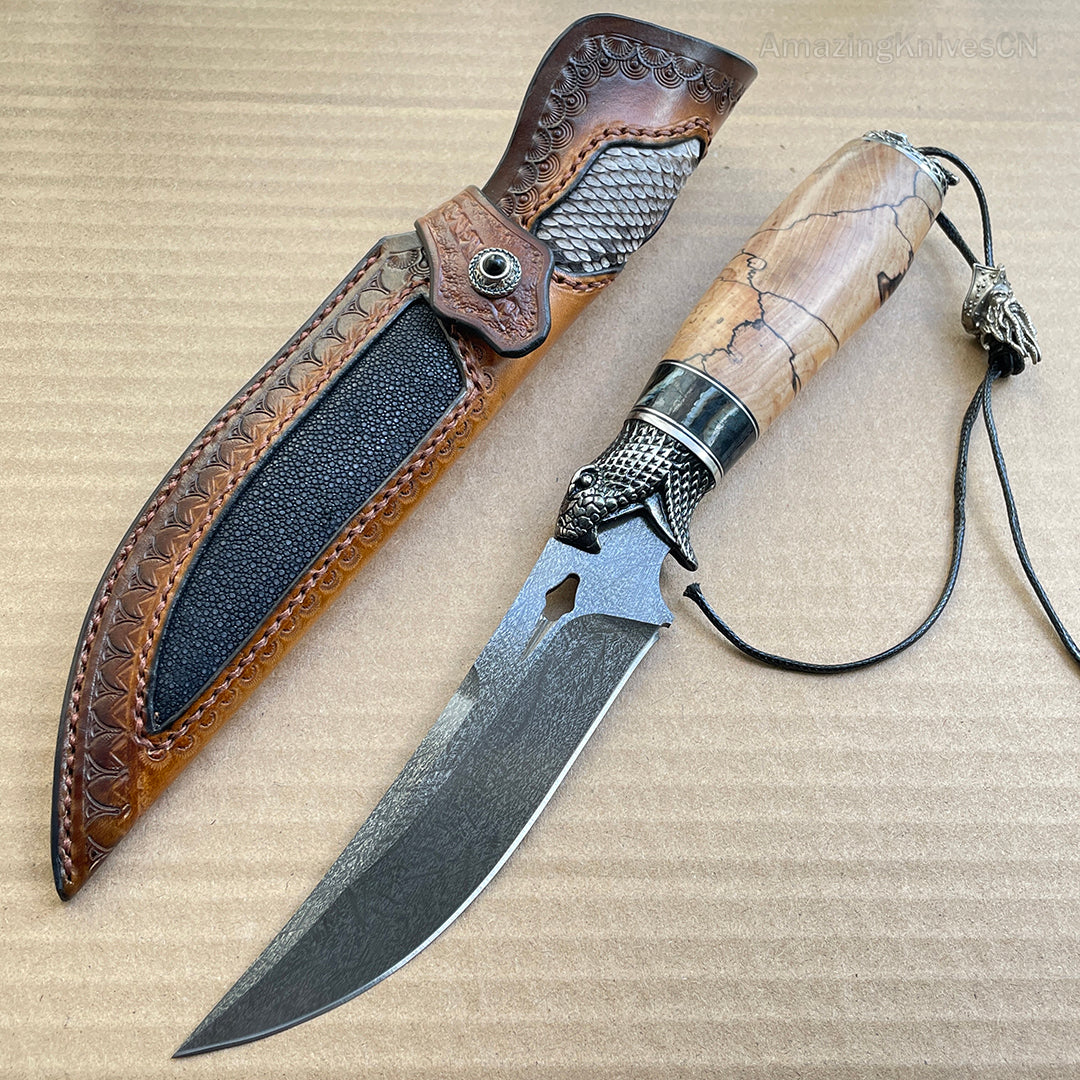 Collectible Wootz Steel Hunting Knife Fixed Blade Carved Snake -AK-HT0847