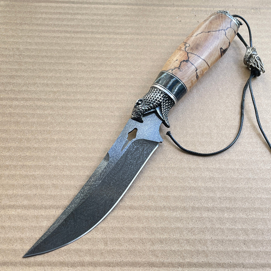 Collectible Wootz Steel Hunting Knife Fixed Blade Carved Snake -AK-HT0847
