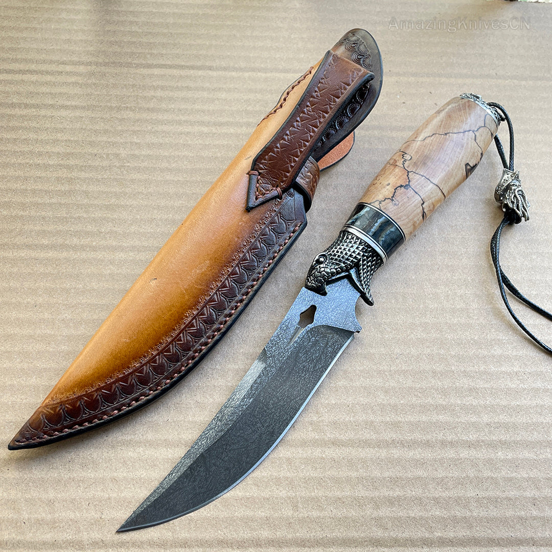 Collectible Wootz Steel Hunting Knife Fixed Blade Carved Snake -AK-HT0847
