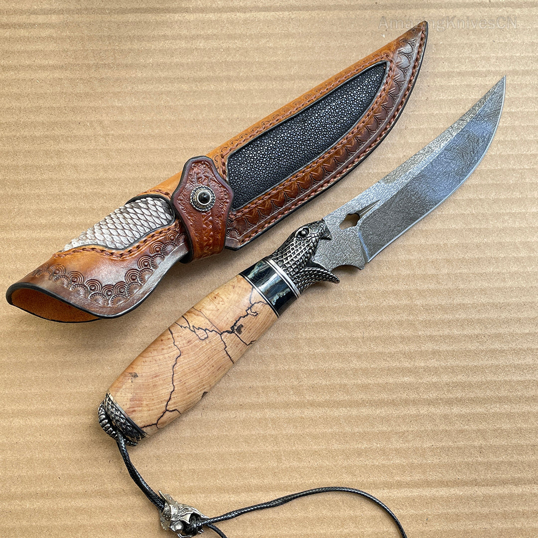 Collectible Wootz Steel Hunting Knife Fixed Blade Carved Snake -AK-HT0847