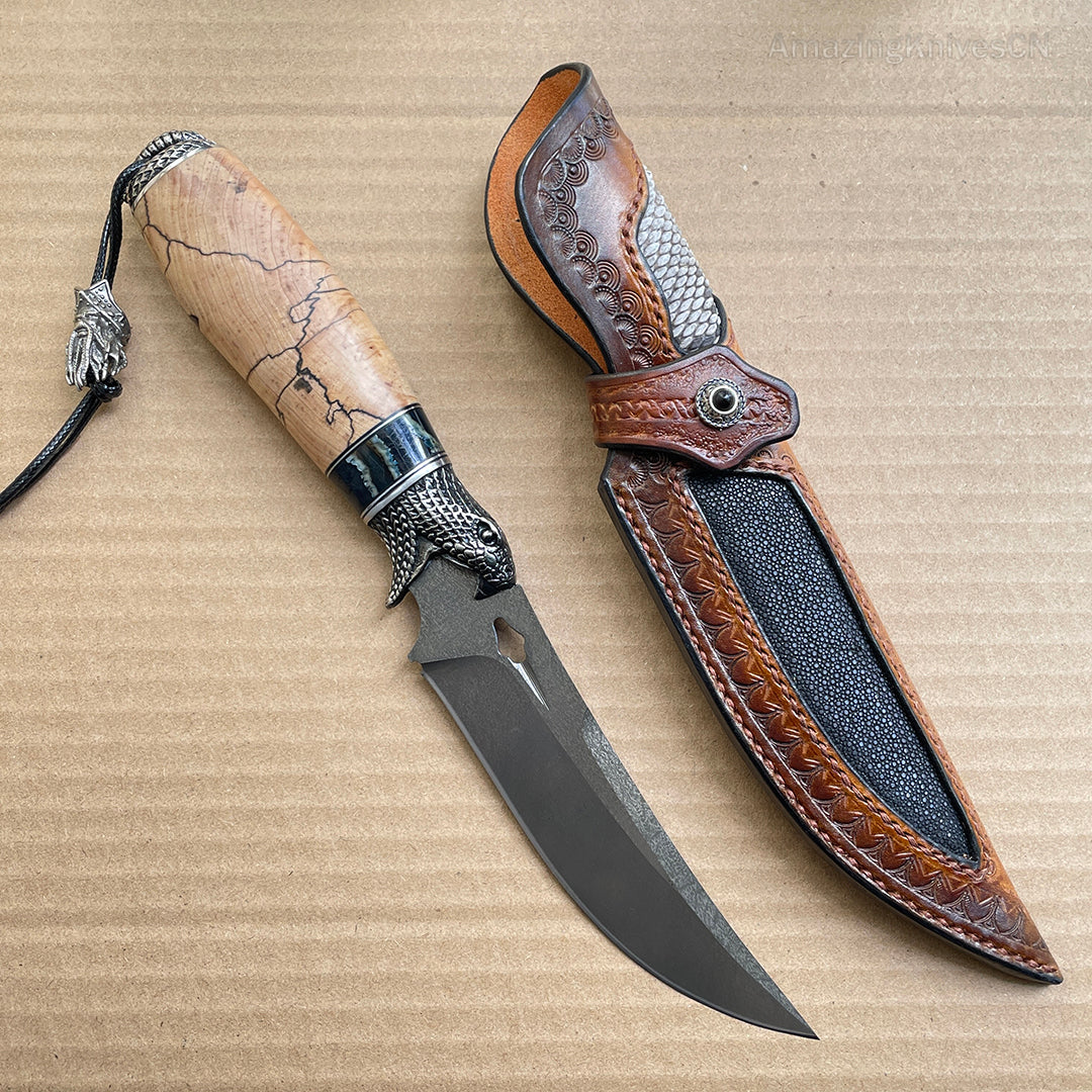 Collectible Wootz Steel Hunting Knife Fixed Blade Carved Snake -AK-HT0847