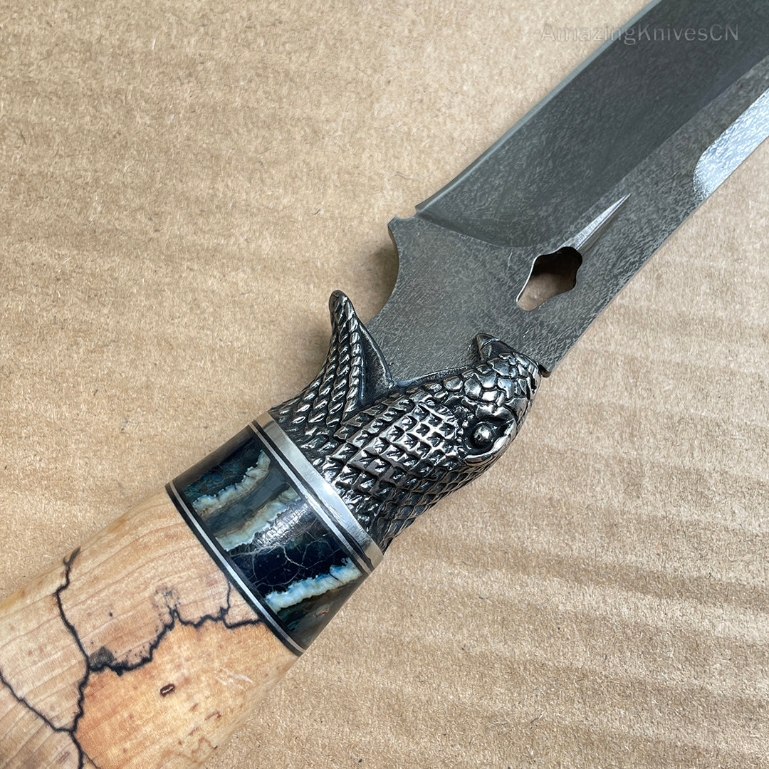 Collectible Wootz Steel Hunting Knife Fixed Blade Carved Snake -AK-HT0847