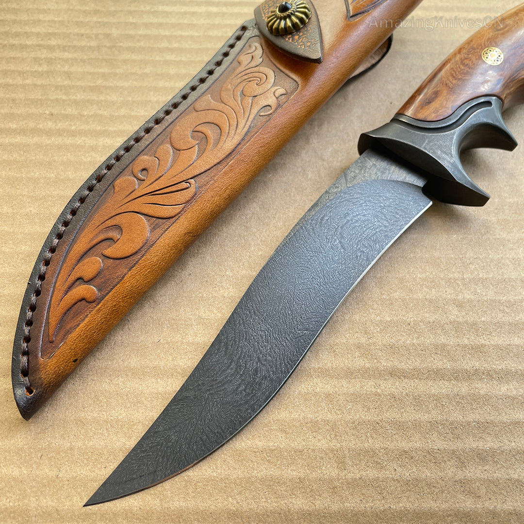 Handcrafted Wootz Steel Fixed Blade Outdoor Collectible Knife Desert Ironwood Handle with Leather Sheath - AK-HT0838
