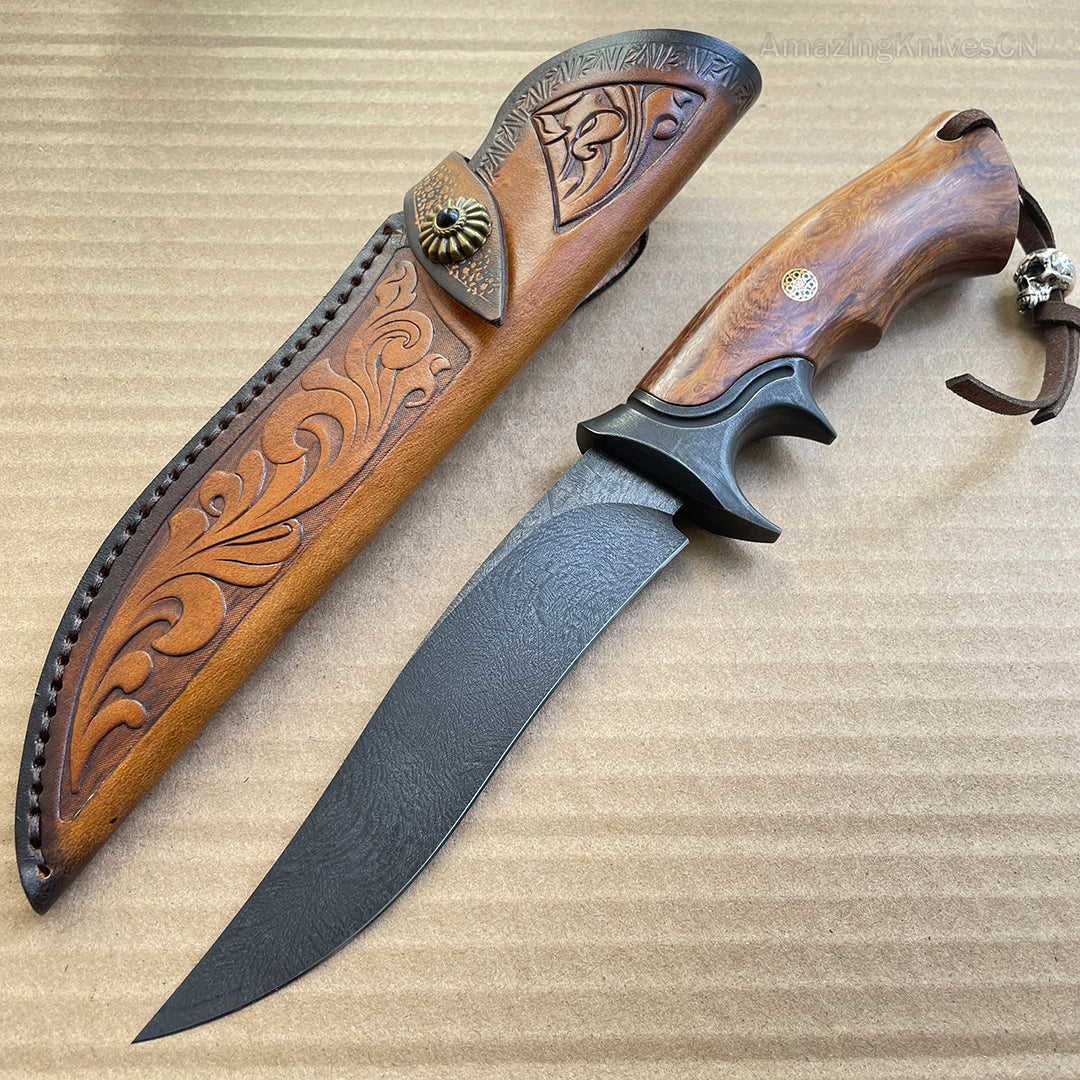 Handcrafted Wootz Steel Fixed Blade Outdoor Collectible Knife Desert Ironwood Handle with Leather Sheath - AK-HT0838