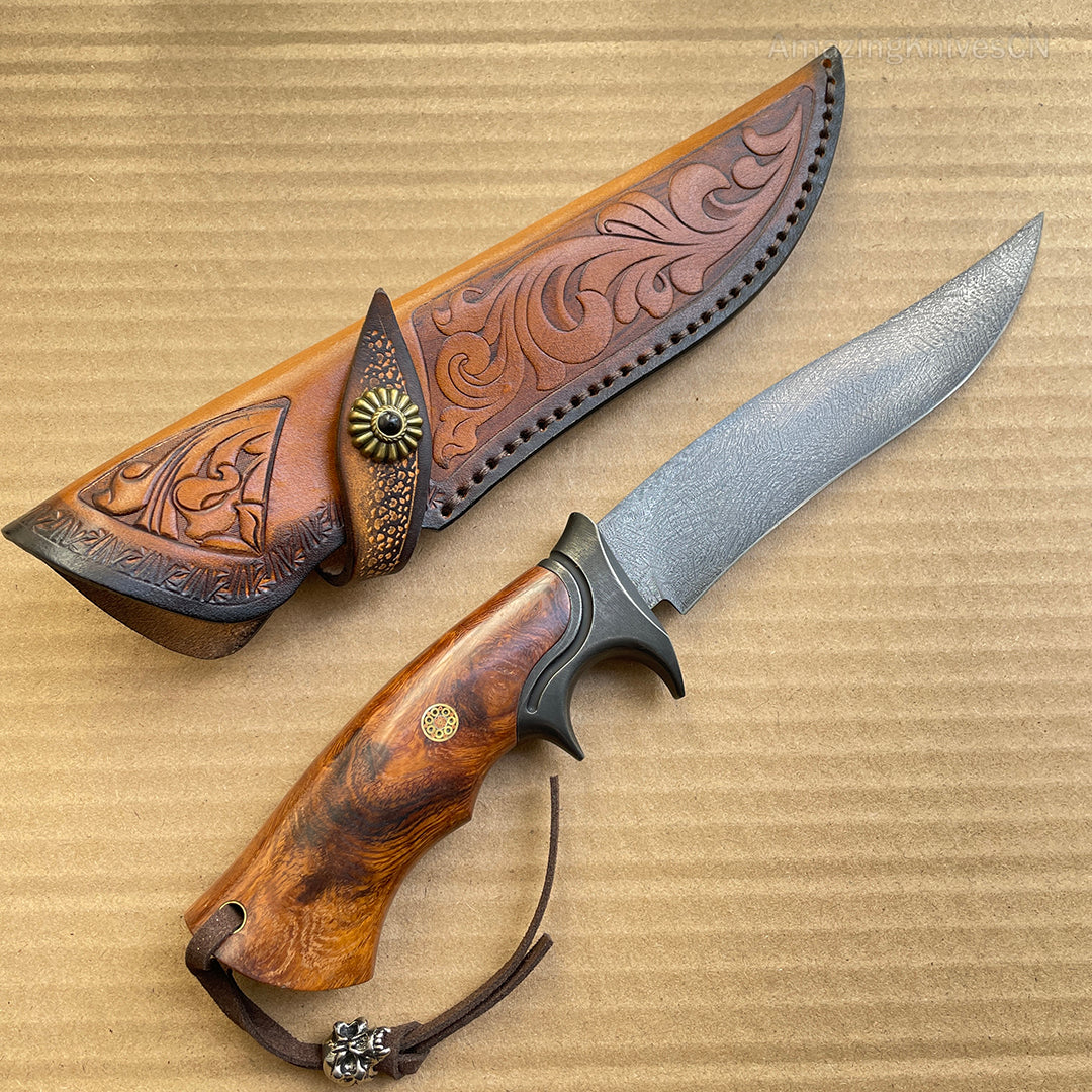 Handcrafted Wootz Steel Fixed Blade Outdoor Collectible Knife Desert Ironwood Handle with Leather Sheath - AK-HT0838