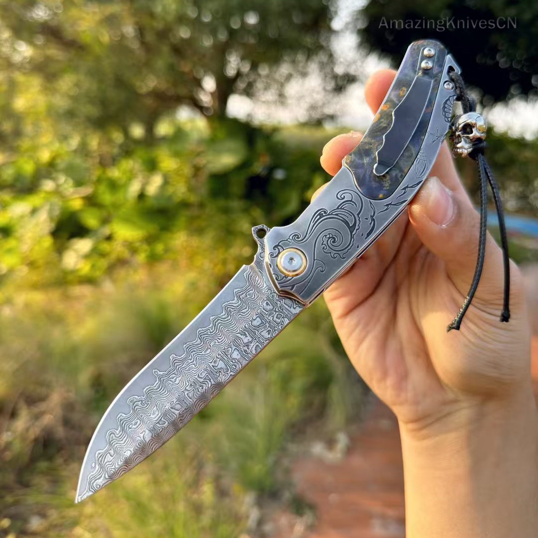 Handcrafted Japanese VG10 Damascus Pocket Knife Wood Handle Clip - AK-HT0963