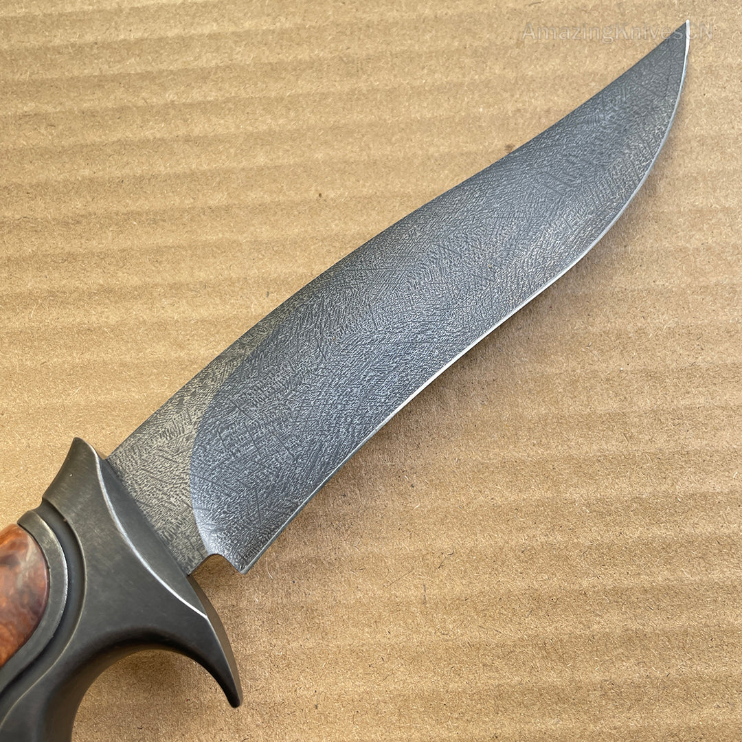 Handcrafted Wootz Steel Fixed Blade Outdoor Collectible Knife Desert Ironwood Handle with Leather Sheath - AK-HT0838