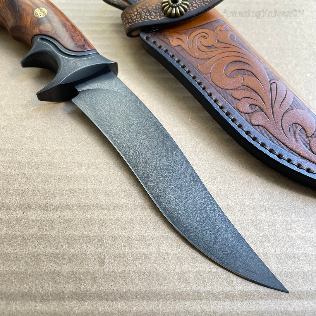 Handcrafted Wootz Steel Fixed Blade Outdoor Collectible Knife Desert Ironwood Handle with Leather Sheath - AK-HT0838