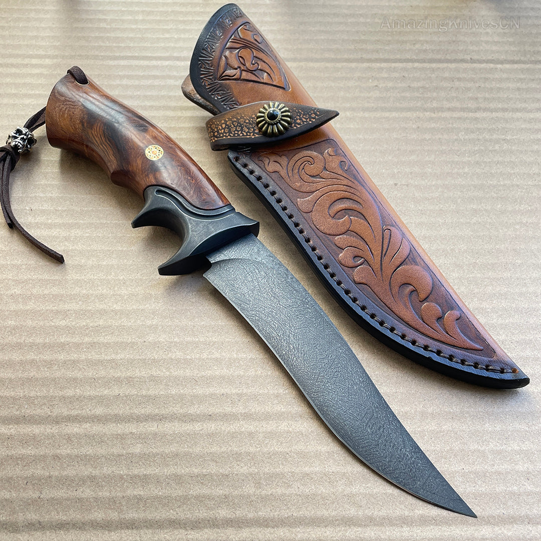 Handcrafted Wootz Steel Fixed Blade Outdoor Collectible Knife Desert Ironwood Handle with Leather Sheath - AK-HT0838