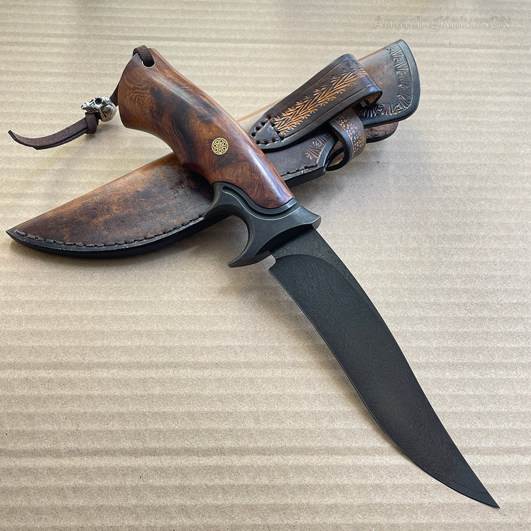 Handcrafted Wootz Steel Fixed Blade Outdoor Collectible Knife Desert Ironwood Handle with Leather Sheath - AK-HT0838