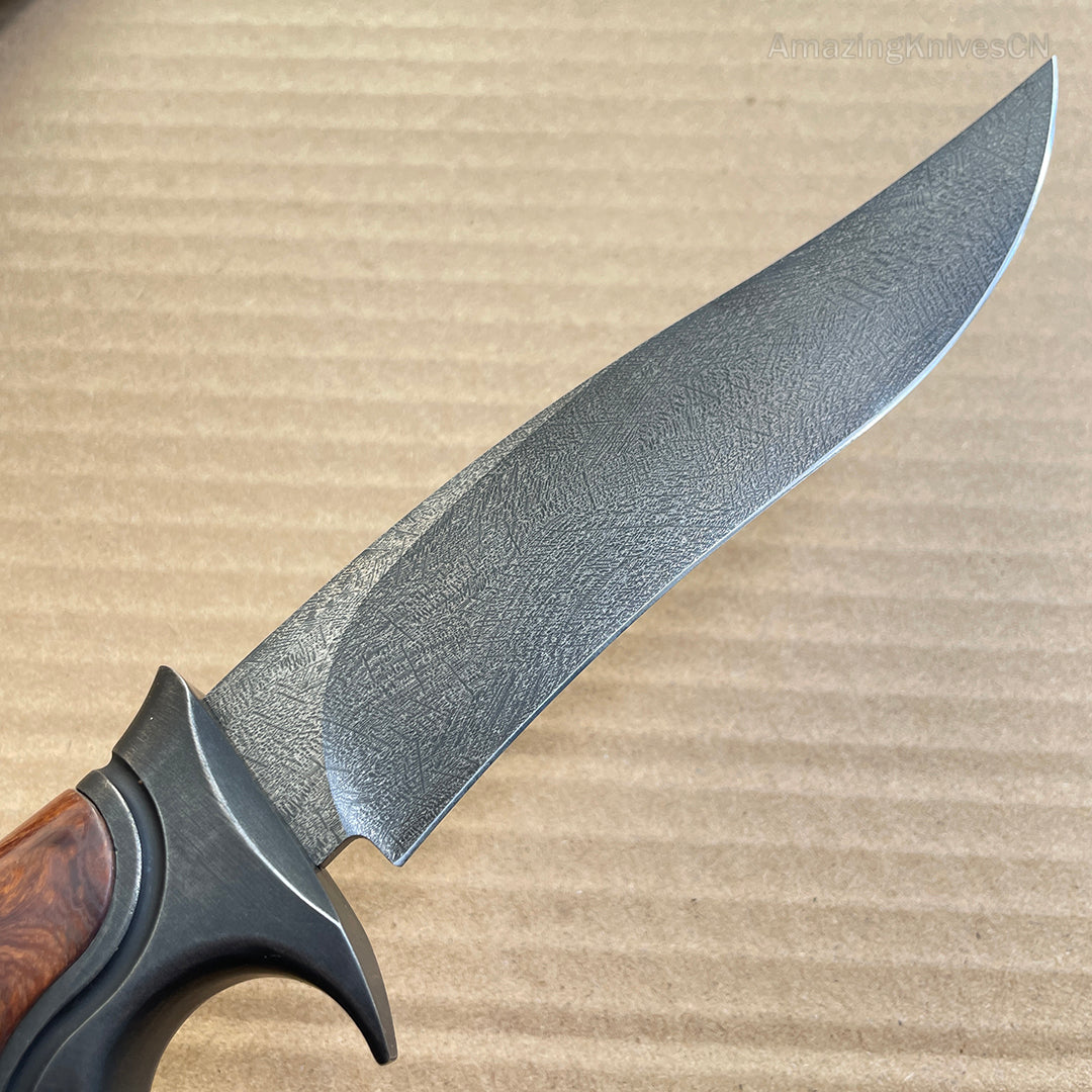 Handcrafted Wootz Steel Fixed Blade Outdoor Collectible Knife Desert Ironwood Handle with Leather Sheath - AK-HT0838