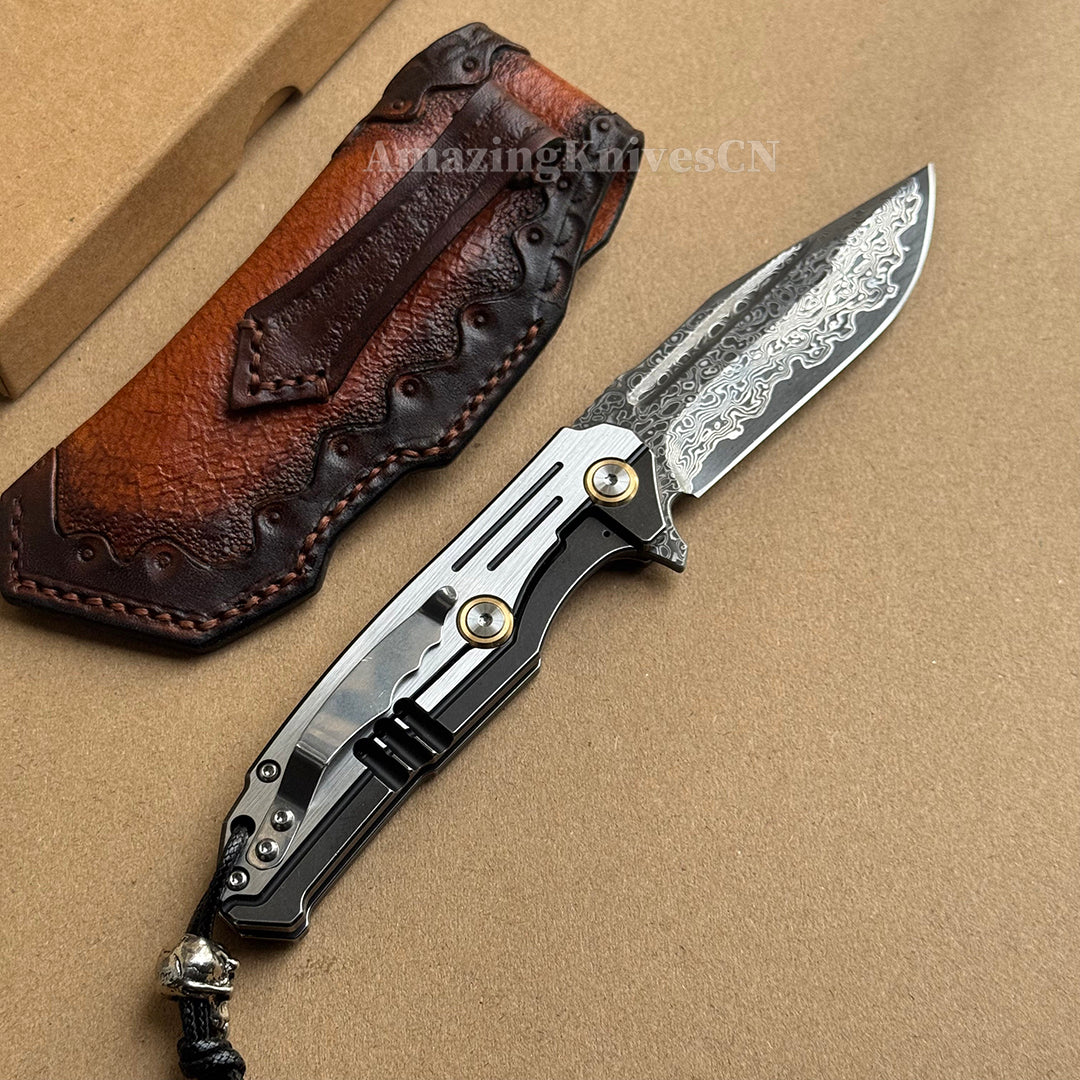 Japanese VG10 Forged Damascus Survival Pocket Knife Titanium Handle Ball Bearing - AK-HT0972-D