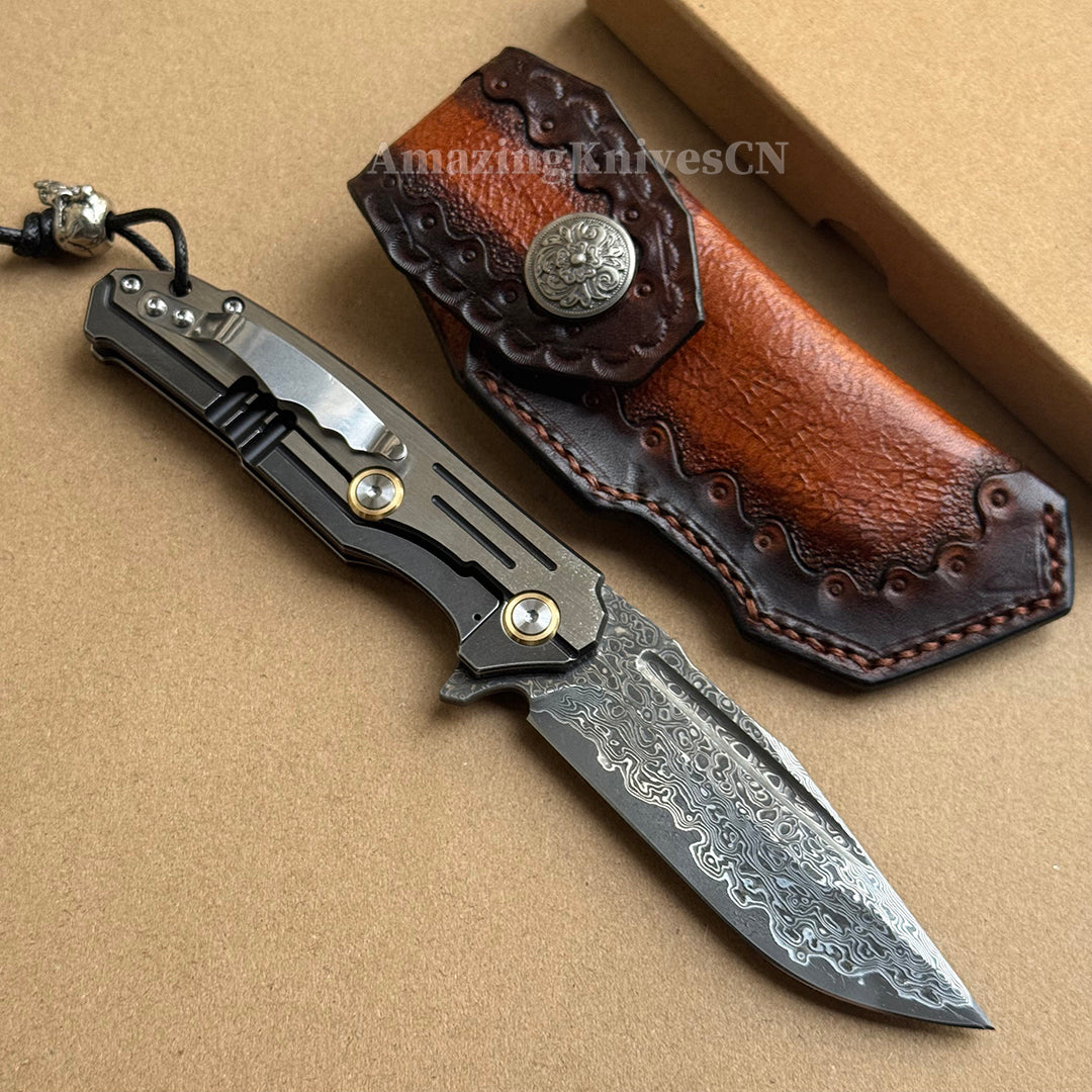 Japanese VG10 Forged Damascus Survival Pocket Knife Titanium Handle Ball Bearing - AK-HT0972-D