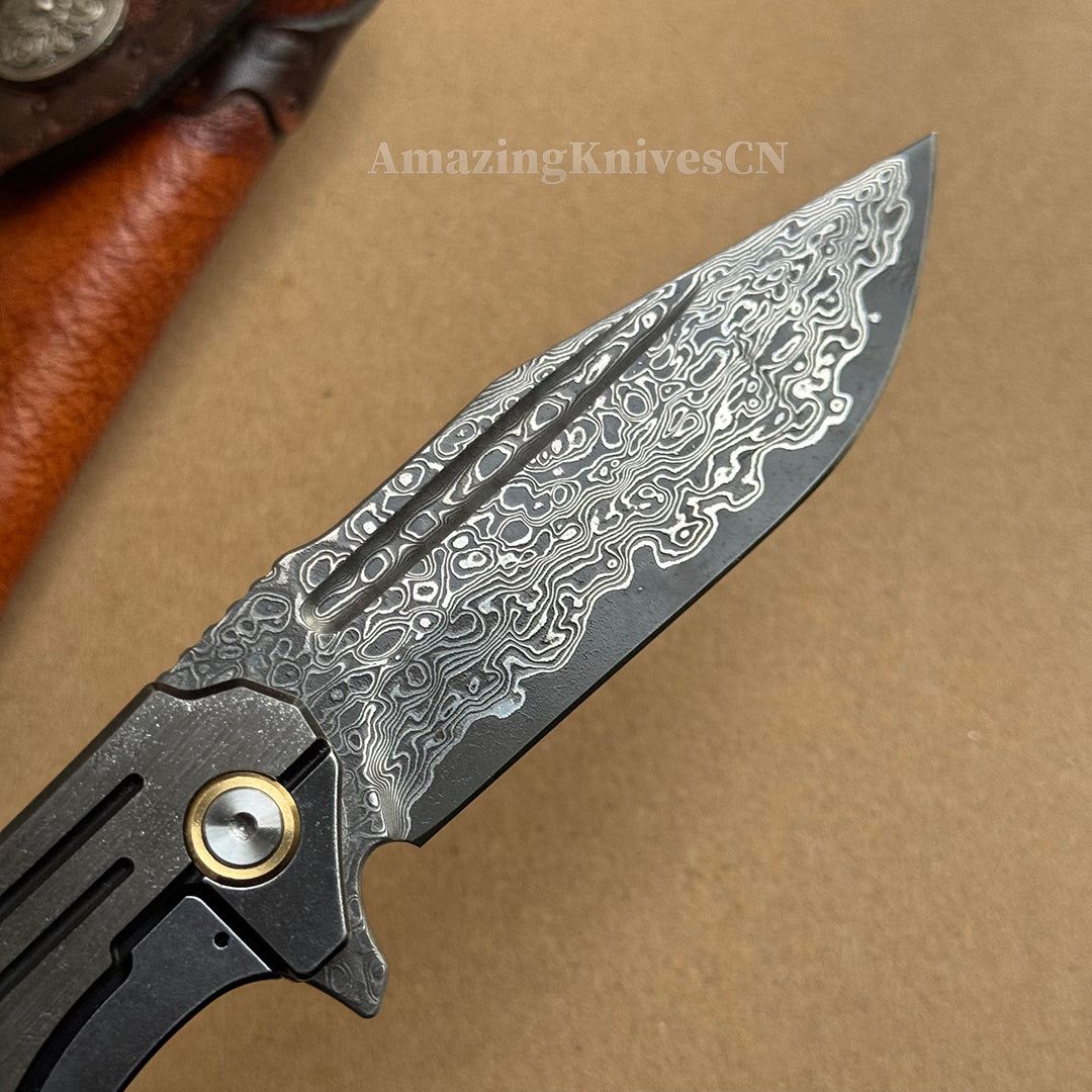 Japanese VG10 Forged Damascus Survival Pocket Knife Titanium Handle Ball Bearing - AK-HT0972-D