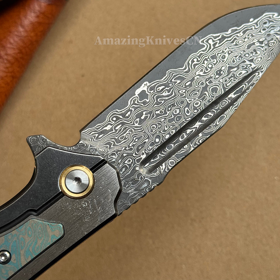 Japanese VG10 Forged Damascus Survival Pocket Knife Titanium Handle Ball Bearing - AK-HT0972-D
