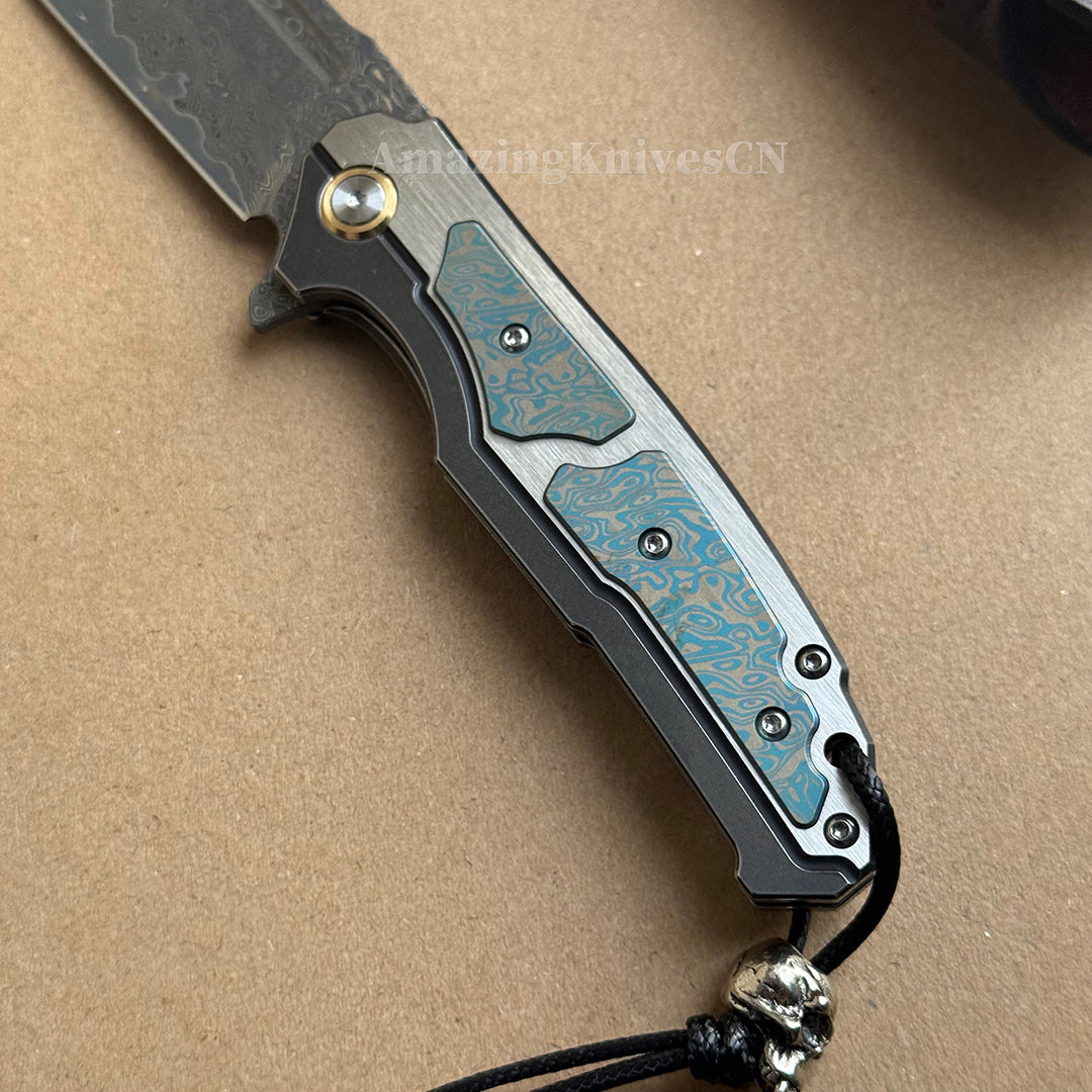 Japanese VG10 Forged Damascus Survival Pocket Knife Titanium Handle Ball Bearing - AK-HT0972-D