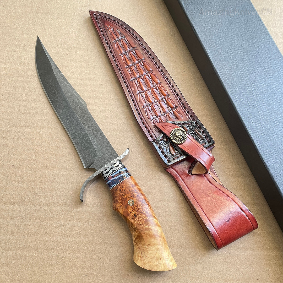 Wootz Steel Hunting Knife Survival Straight Knives Big Bowie Burl Wood - AK-HT0845