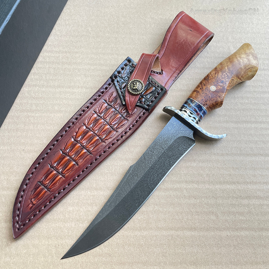 Wootz Steel Hunting Knife Survival Straight Knives Big Bowie Burl Wood - AK-HT0845