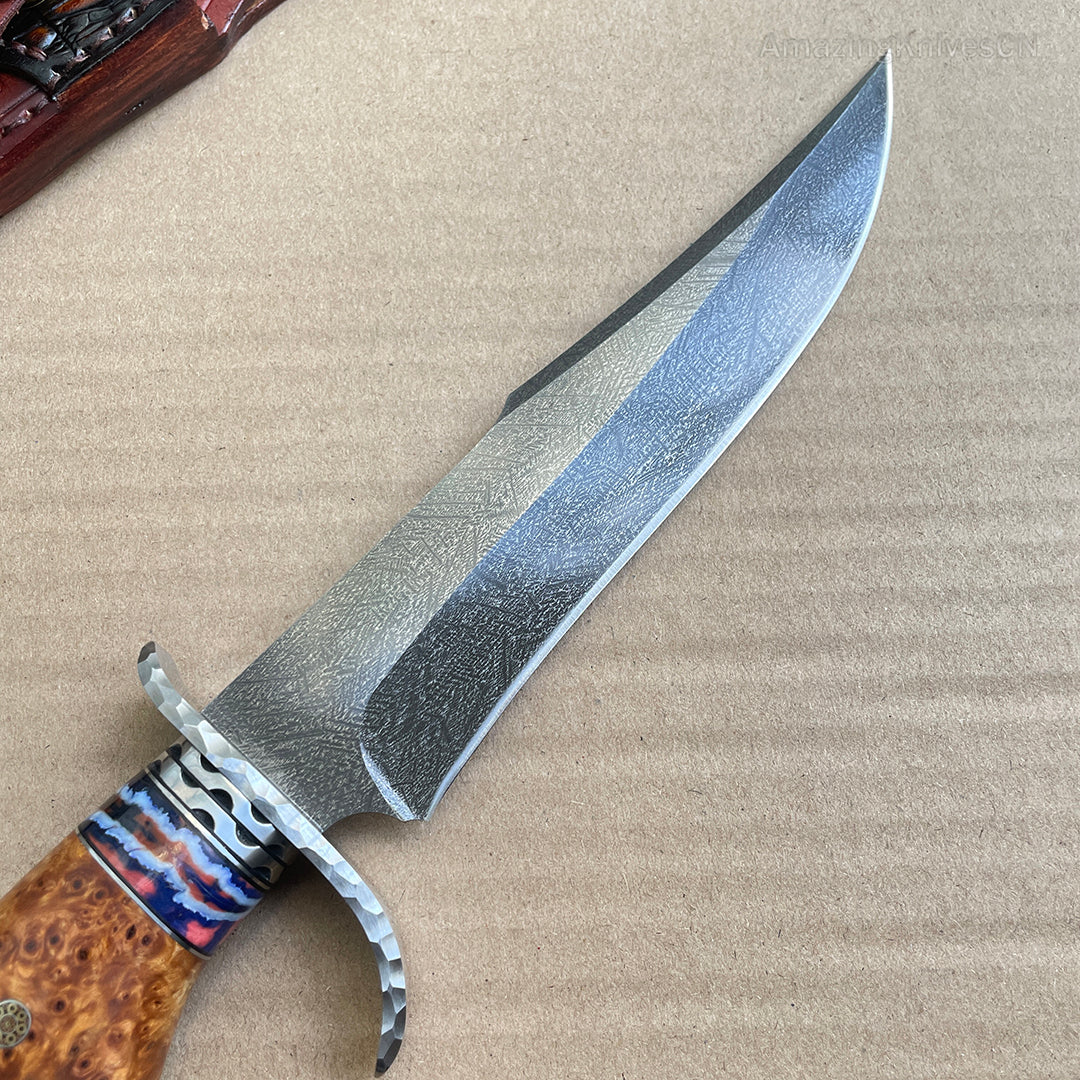 Wootz Steel Hunting Knife Survival Straight Knives Big Bowie Burl Wood - AK-HT0845