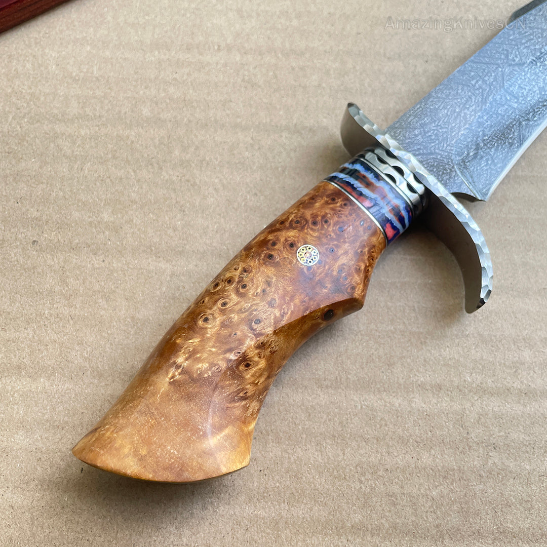 Wootz Steel Hunting Knife Survival Straight Knives Big Bowie Burl Wood - AK-HT0845