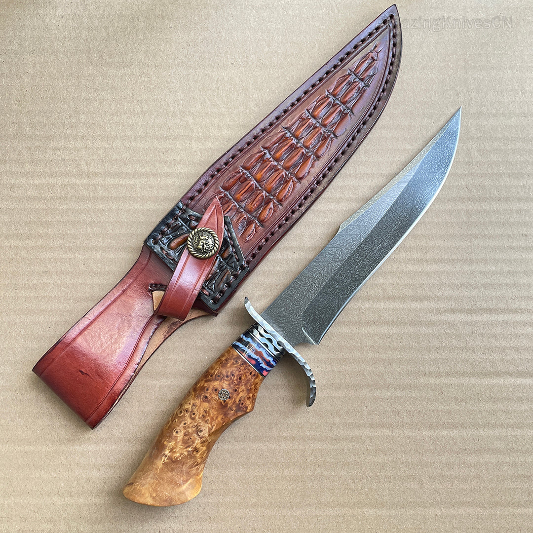 Wootz Steel Hunting Knife Survival Straight Knives Big Bowie Burl Wood - AK-HT0845