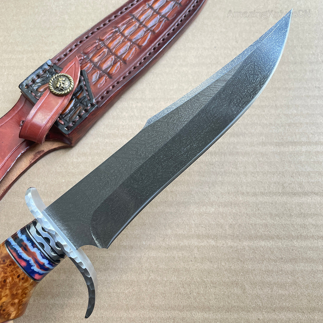Wootz Steel Hunting Knife Survival Straight Knives Big Bowie Burl Wood - AK-HT0845