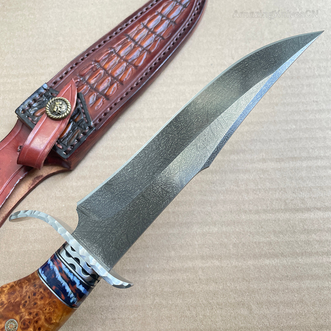 Wootz Steel Hunting Knife Survival Straight Knives Big Bowie Burl Wood - AK-HT0845