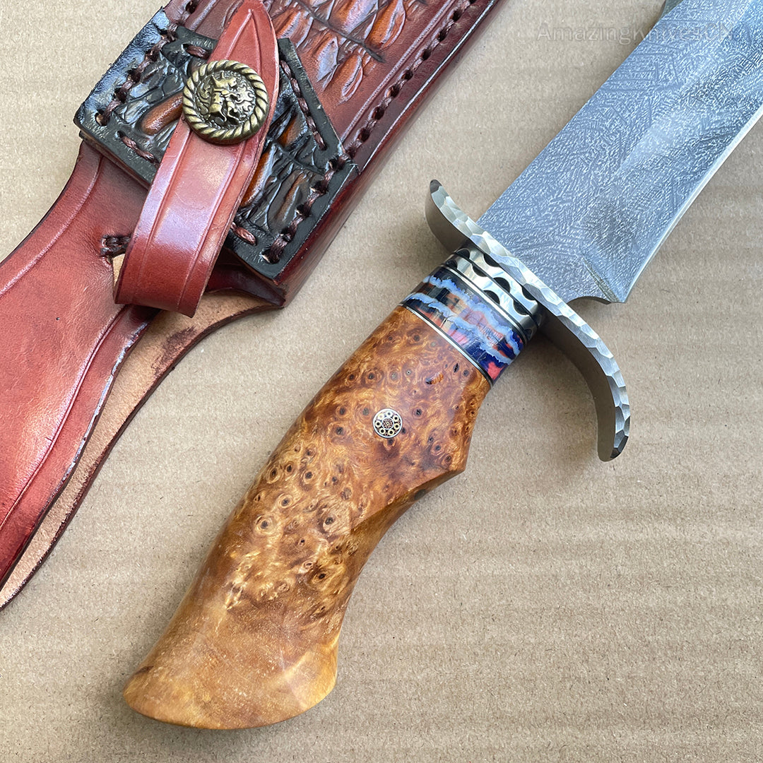 Wootz Steel Hunting Knife Survival Straight Knives Big Bowie Burl Wood - AK-HT0845