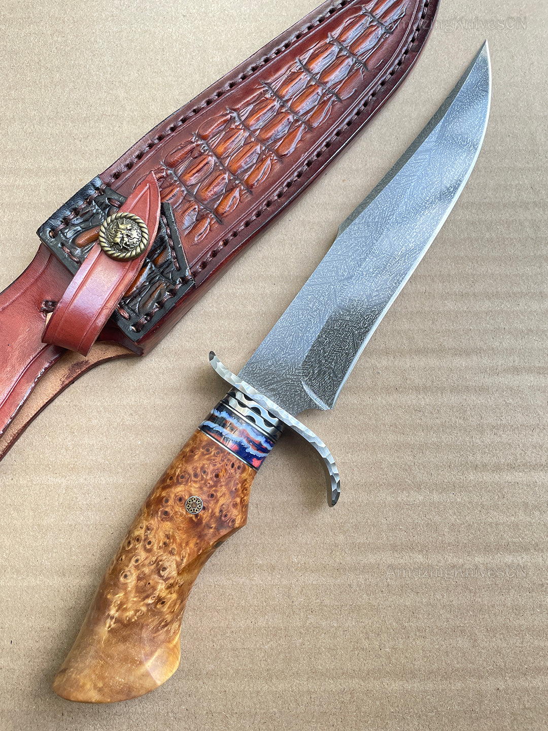 Wootz Steel Hunting Knife Survival Straight Knives Big Bowie Burl Wood - AK-HT0845