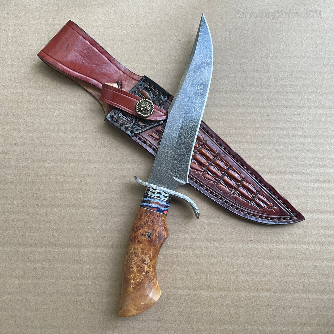 Wootz Steel Hunting Knife Survival Straight Knives Big Bowie Burl Wood - AK-HT0845