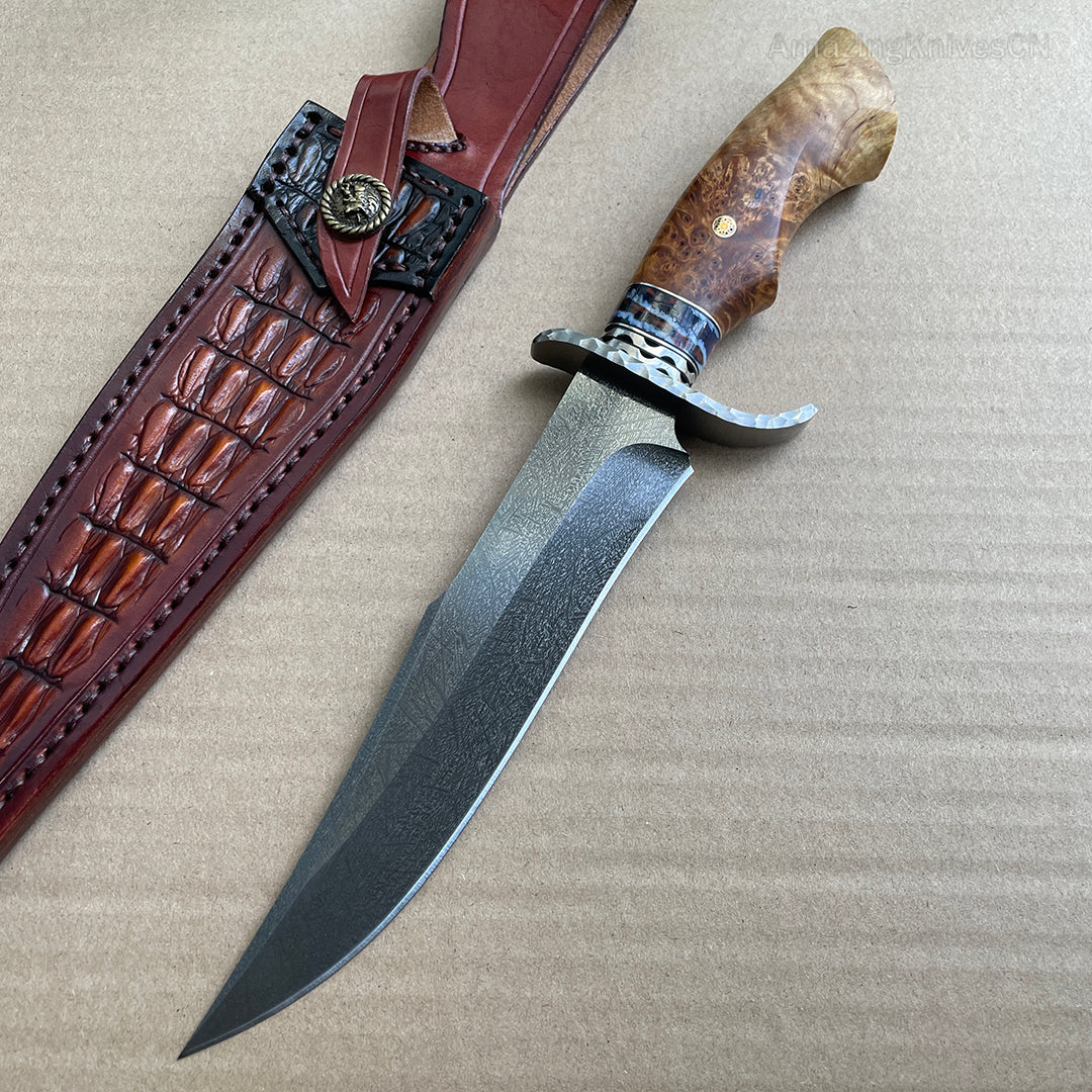 Wootz Steel Hunting Knife Survival Straight Knives Big Bowie Burl Wood - AK-HT0845