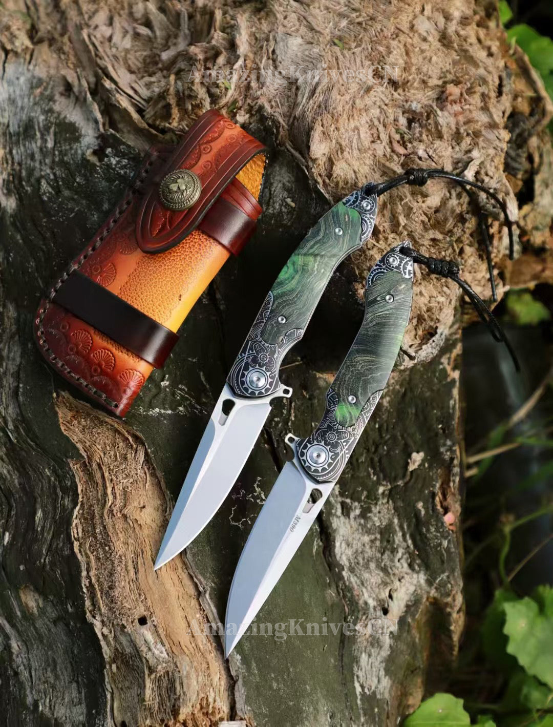 M390 Blade Pocket Knife Tactical Flipper Ceramic Ball Bearings w/ Leather Sheath - AK-HT0992